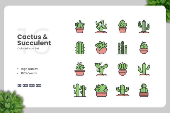 Cactus and Succulent Color Icons for Creative Projects